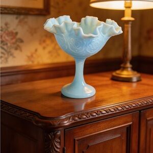 Vintage Fenton Blue Satin Glass Persian Medallion 6.5" Ruffled Compote Dish